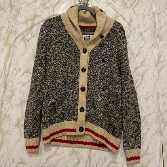Roots Cabin button cardigan medium pockets wool sweater long sleeve grey red - Picture 2 of 8